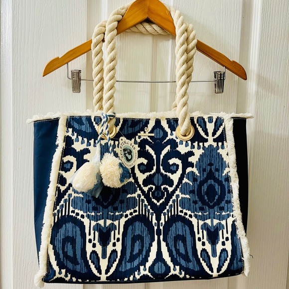 Spartina 449 Handbags - Spartina 449 Moonglade Boho Beach Tote Blue White Ikat Fringe 960675 Rope Straps